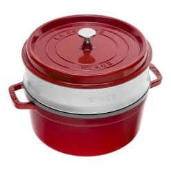 Staub Cocotte Med Dampindsats 26 Cm, Rund, Kirsebærrød, Støbejern